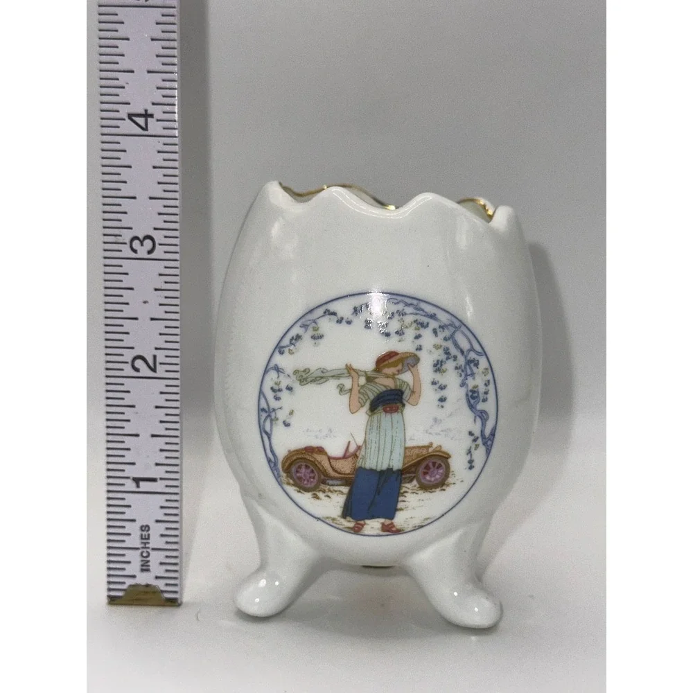 Vintage Bone China Egg Vase Tripod Footed Gold Trim Lady with Classic Car 3